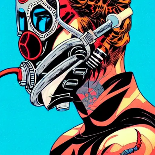 Image similar to a profile photo of a devil with a diving oxygen mask with side profile blood in ocean intricate details by MARVEL comics and Sandra Chevrier-C