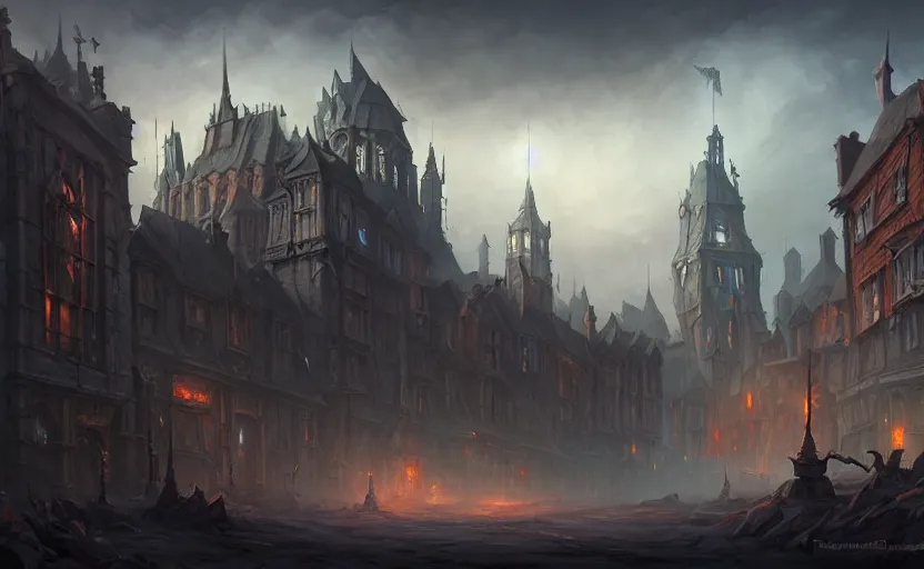 Image similar to extreme long shot concept art depicted old english majestic town, dramatic mood, overcast mood, dark fantasy environment, dieselpunk, art by legends of runeterra and league of legends and arcane, art by tony sart, trending on artstation, unreal engine, golden ratio, spectacular composition