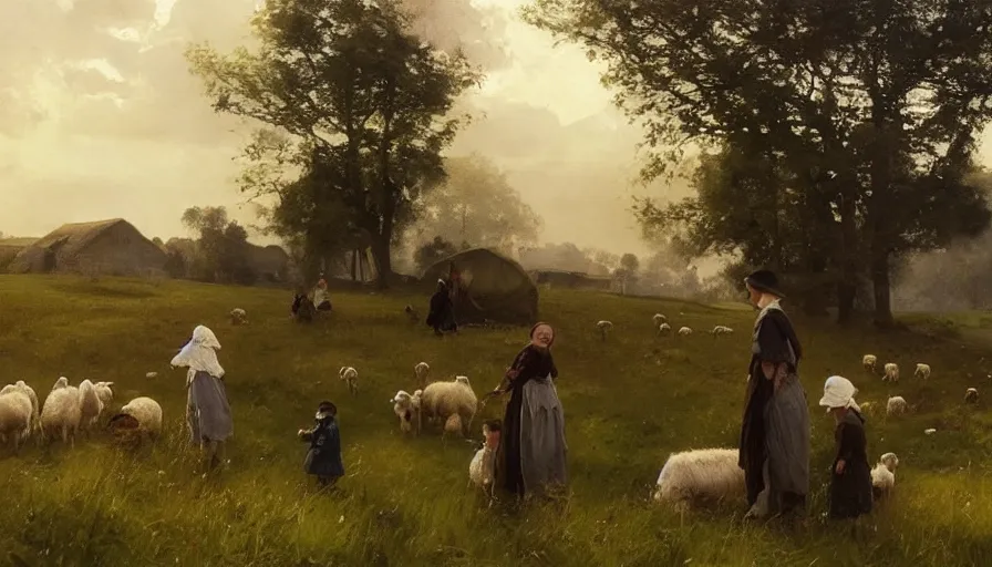 Image similar to simple amish shepherd and children with flocks of sheep in open fields, art by anders zorn, wonderful masterpiece by greg rutkowski, beautiful cinematic light, american romanticism thomas lawrence, greg rutkowski