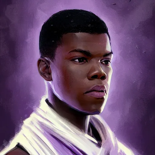 Prompt: portrait of a man by greg rutkowski, young jedi kinght that looks like john boyega, wearing purple and black robes, star wars expanded universe, he is about 3 0 years old, highly detailed portrait, digital painting, artstation, concept art, smooth, sharp foccus ilustration, artstation hq