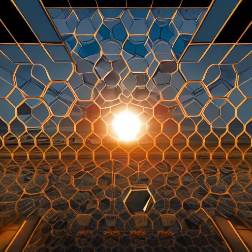 Image similar to hexagons blocking the sun, planet earth in front, trending on art station, art deco, retro futurism, realistic, perspective