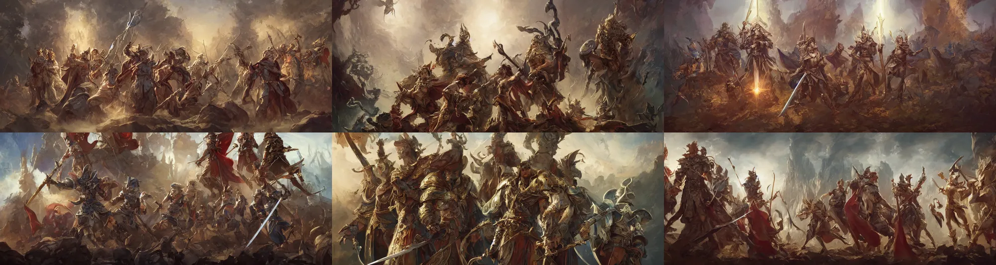 Prompt: A high fantasy four heroes: a sword hero, a shield hero, a spear hero, a bow hero, standing in front of the altar, pledging their loyalty to the king, by Peter Mohrbacher and Craig Mullins, face close up, official media, beautiful, detailed, high quality, wallpaper 4K, epic, trending on artstation and behance, dynamic lightning