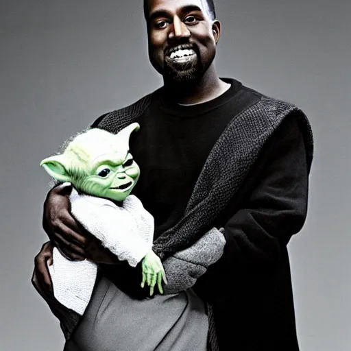 Image similar to kanye west smiling and holding yoda for a 1 9 9 0 s sitcom tv show, studio photograph, portrait