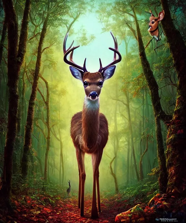 Prompt: a single realistic deer, walking through a psychedelic forest, wide angle landscape shot, pixar style by tristan eaton, artgerm and tom bagshaw