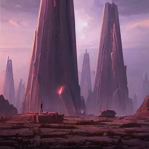 Image similar to pulp fantasy concept art painting of an alien civilisation, sacred monoliths, futuristic, technocracy, shrines, by greg rutkowski and james gurney