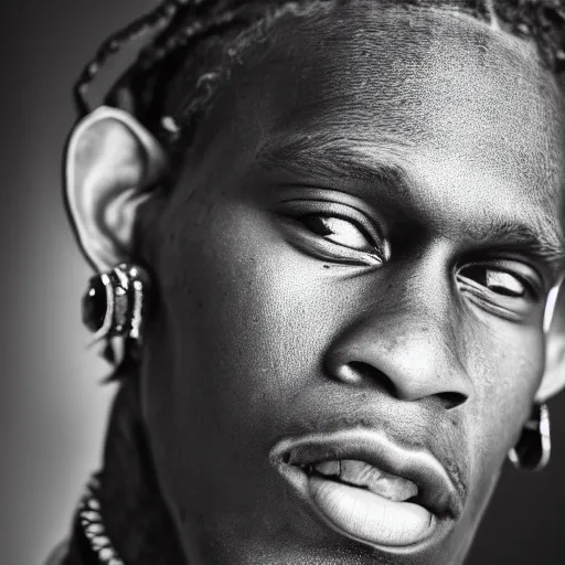 Image similar to a studio photograph of Young Thug, portrait, 40mm lens, shallow depth of field, close up, split lighting, cinematic