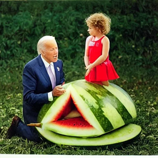 Prompt: joe biden is surprised by a watermelon, photographed by anne geddes