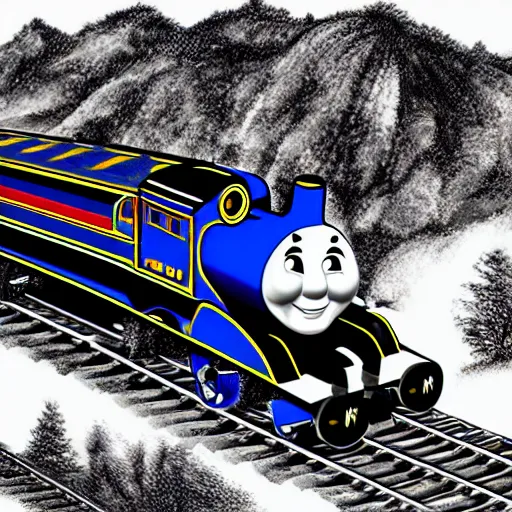 Image similar to hyper detailed photo realistic chinese thomas the tank engine going fast