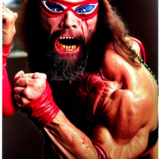 Image similar to uhd photorealisitc candid photo of macho man randy savage tearing a midget in half. blood and guts everywhere. correct coostume. correct face, accurate face. photo by annie leibowitz and steve mccurry