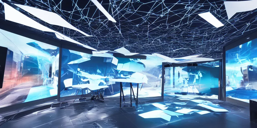 Prompt: stunning futuristic AI lab, projection screens, immersive graphics