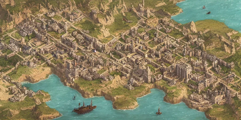 Prompt: D&D top-down map of a medieval coastal city, trending on artstation, cgsociety, 8k, cinematic art by Greg Rutkowski and Thomas Kinkade and Peter Paul Rubens