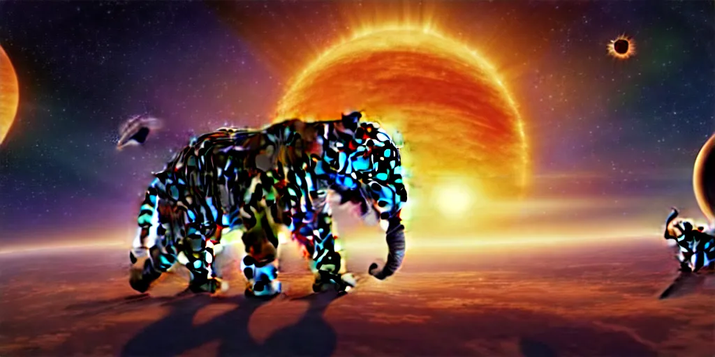 Image similar to planet - sized tiger elephant in space, next to the sun and stars, very wide shot, epic composition, hyper detailed, digital art, trending in artstation, cinematic lighting, studio quality, unreal engine 5 rendered, art style by klimt and nixeu and ian sprigger and wlop and krenz cushart