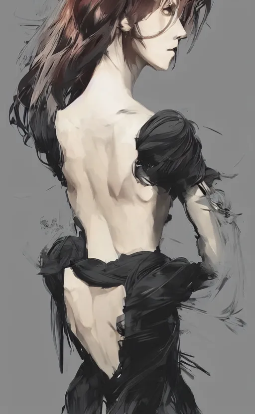 Prompt: hairstyle elegant and long, character's back is to us completely, pinterest hair picture, back of the hair, In style of Yoji Shinkawa, krenz cushart, Greg Rutkowski, highly detailed