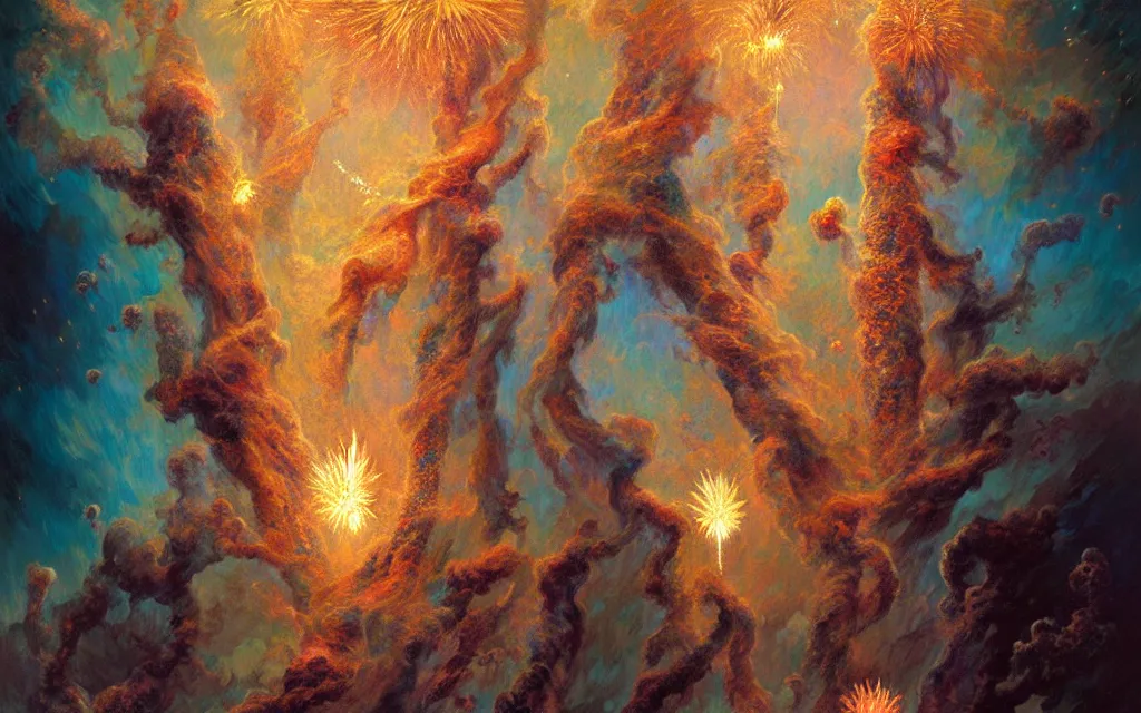 Image similar to psychedelic transcendent puffs of smoke explosion, fireworks, pillars of creation, enlightenment, high contrast lighting, highly detailed, concept art, art by collier, albert aublet, krenz cushart, artem demura, alphonse mucha