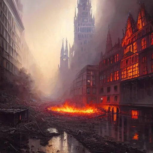 Image similar to city of munich destroyed by a meteor!!!, rubble!!, fires!! hyperrealistic, highly detailed, cinematic, foggy light from fires, beautiful, cgssociety, artstation, 8 k, oil painting by greg rutkowski, by artgerm, by wlop