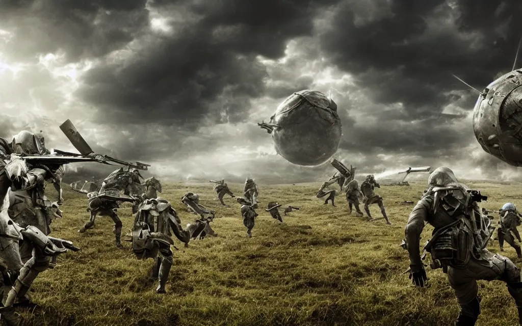 Prompt: fight ww 1 aginst aliens from edge of tomorrow, deep trenches with fortifications, natural landscape, green and blue tones, realistic people, huge ground explosions in the background, alien mothership in the sky, hyper realistic, highly detailed, dramatic lighting, raytarced, god rays, 4 k, 8 k, art by artgem