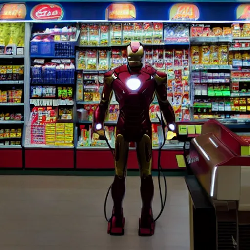 Image similar to Iron Man working as a 7/11 cashier using a laser scanner, cash register, laser scanner, macro, wide wide shot, very detailed, beautiful lighting