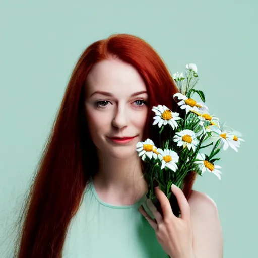 Image similar to a closeup portrait of slim, young woman, long straight red hair, holding a bouquet of daisies, she is looking down, soft mint green backdrop