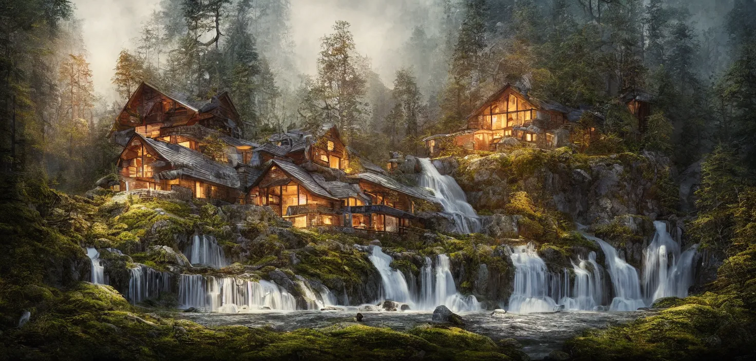 Image similar to beautiful large scandinavian house in the forest on a hill, a large waterfall flows down from the mountain in the background, vwctor art, fabulous, hyper detailed, random cinematic view, no noise, global illumination, warm lighting, volumetric, godrays, vivid, by jordan grimmer