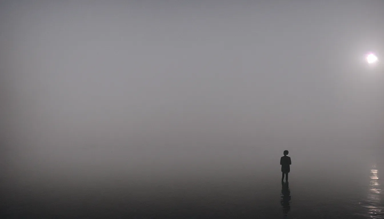 Prompt: 80s asian neon movie still with a lone man levitating over a pier by the river on early morning with city lights behind his back, Fog raising from river, Color film, Fallen angels movie still. hyperrealistic, photorealistic, high definition, medium format photography, highly detailed, tehnicolor, anamorphic 50mm lens