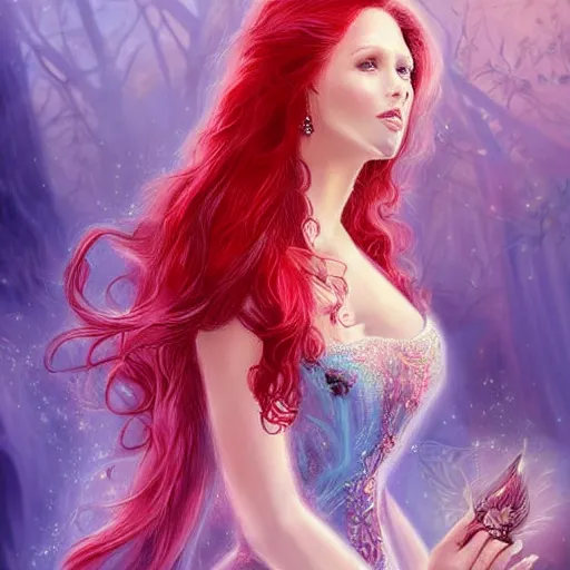 Prompt: Fantastic, fairytale, portrait, painting, beautiful!, female mage, long flowing red hair, light emitting from fingertips, ornate gown, royalty kingdom, royal court