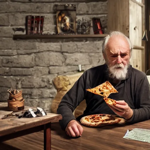 Prompt: a grumpy old danish man with long black hair eating pizza while DMing an AD&D game, D&D, rogue, dark hair, skinny, middle aged, D&D dice on table, papers on table, character sheets on table