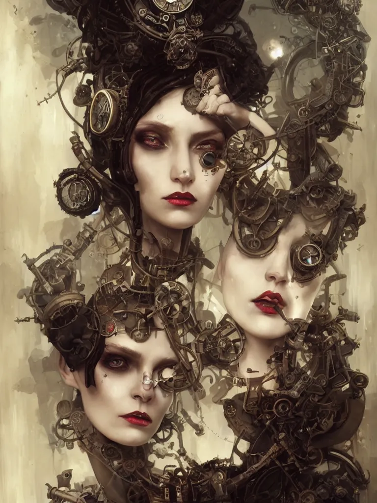 Image similar to a steampunk portrait of a hideous woman with shadowy eyes and bonewhite hair, with black glossy lips, hyperrealistic, award-winning, masterpiece, in the style of Tom Bagshaw, Cedric Peyravernay, Peter Mohrbacher