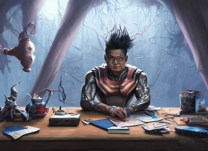 Image similar to an insanely detailed painting of an asian man wearing a homemade superhero costume, sitting at a desk, staring seriously at the computer and typing, in the style of peter mohrbacher, james jean, dramatic lighting and composition, surreal background, octane render, pixar, trending on artstation, concept art, comic book, view from behind, 8 k