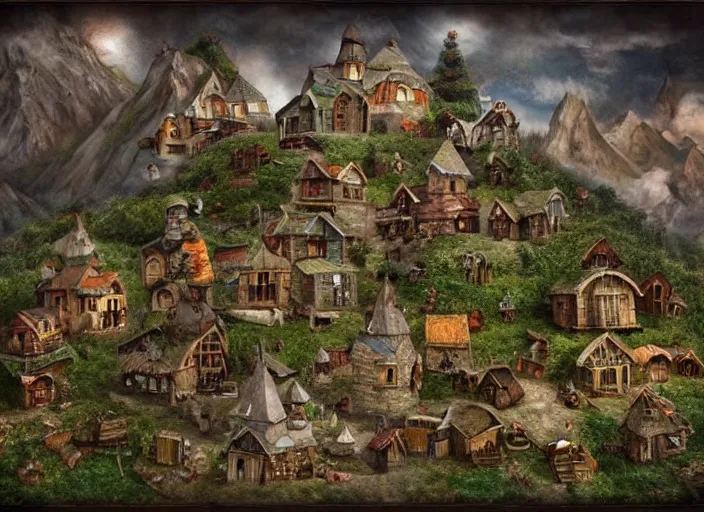 Prompt: dwarf - village built into a mountain, lowbrow, matte painting, 3 d highly detailed, in the style of mark ryden,