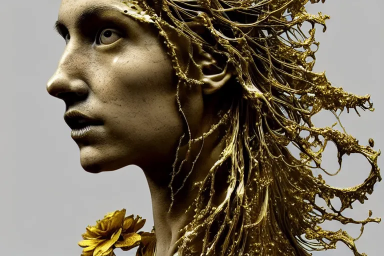 Image similar to a sculpture of a person with flowing golden tears, fractal plants and fractal flowers on the skin, intricate, veins, a marble sculpture by nicola samori, behance, neo - expressionism, marble sculpture, apocalypse art, made of mist, octan render