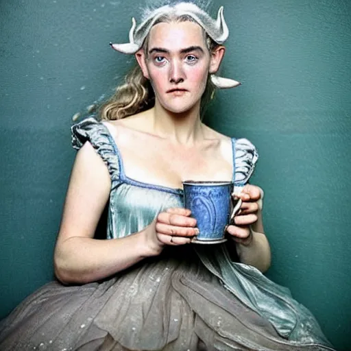 Prompt: A 18th century, messy, silver haired, (((mad))) elf princess (look like ((young Kate Winslet))), dressed in a ((ragged)), wedding dress, is ((drinking a cup of tea)). Everything is underwater! and floating. Greenish blue tones, theatrical, ((underwater lights)) fantasy oil canvas by John Everett Millais'