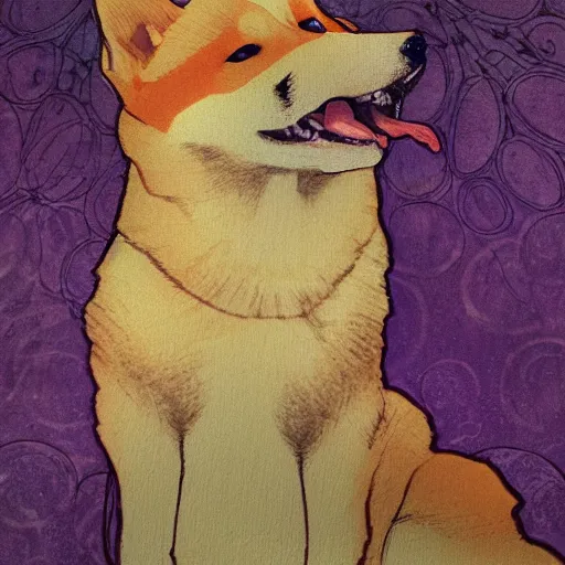 Image similar to portrait of happy laughing shiba inu with a background in the style of mucha. detailed. hd