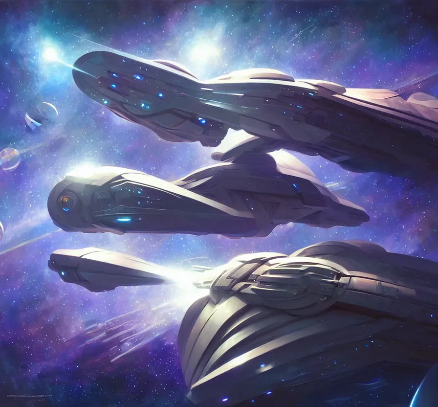 Prompt: realistic geometric spaceship, sci - fi, technologi, constellation, geometry space background, breathtaking stars, elegant, highly detailed, digital painting, artstation, concept art, smooth, sharp focus, spiritual art, art by artgerm and greg rutkowski and alphonse mucha, psychedelic, illustration, painting oil,