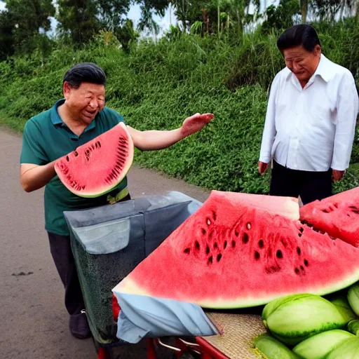 Prompt: xi jinping selling watermelons on the side of the road