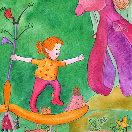 Prompt: “a prince and a gardener flying on a giant carrot, above a forest and princesses kingdom, childrens book illustration, pencil and watercolour”