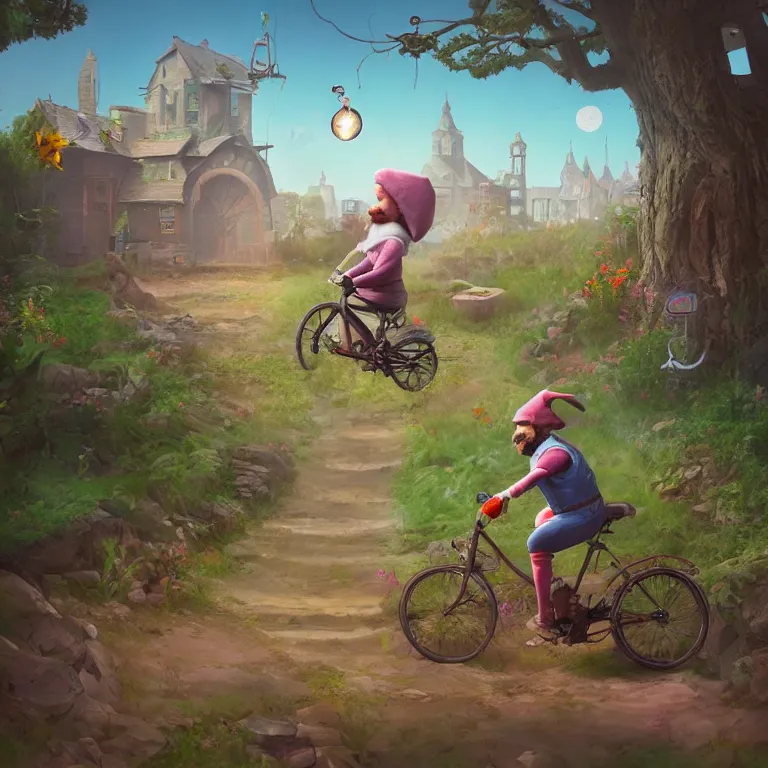 Prompt: a garden gnome riding a bike through a portal. Detailed digital matte painting in the style of simon stalenhag