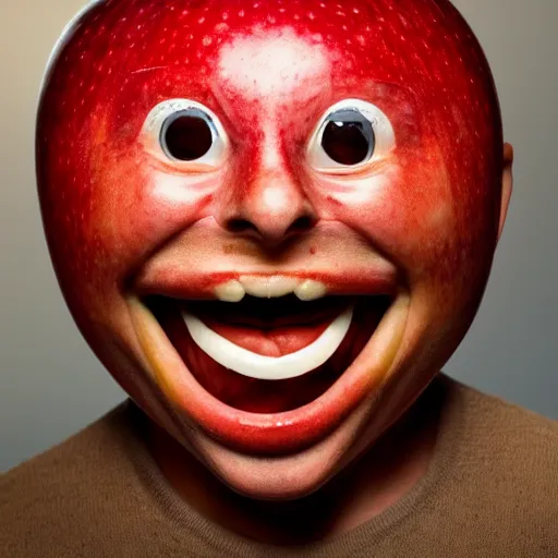 Image similar to happiest apple in the world, human face apple with wide grin, photograph