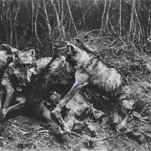 Image similar to WW1 trench with wolves attacking injured soldiers 1900s, horror photography