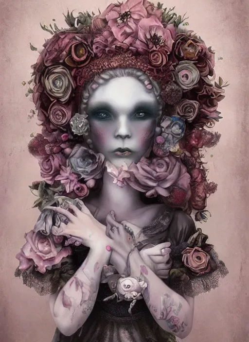 Prompt: pop surrealism, lowbrow art, realistic cute bride ghost girl painting, japanese street fashion, hyper realism, muted colours, rococo, natalie shau, loreta lux, tom bagshaw, mark ryden, trevor brown style,