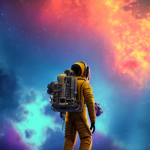 Prompt: A dieselpunk astronaut floating alone in deep space, lush vivid soft colors of sun set, hosing and backpack on suit, filigree planet in a stellar nebula, a small cyberpunk city in the distance , DSLR, HDR, octane render, 3d shading, cgsociety, Horde3d, ambient occlusion, volumetric lighting, ray tracing, 3dexcite, Zbrush, Substance Designer, behance HD, lightWave 3d, Ureal Engine , Monet painting by Kait Kybar