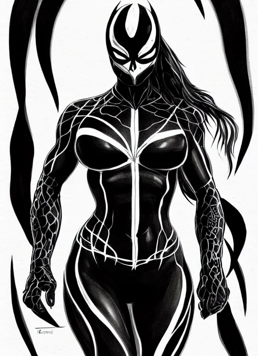 Image similar to symmetry concpet art, full shot, traditional ink, sketch, of olivia wilde as venom, line sketch, intricate, elegant, highly detailed, monochrome, digital painting, artstation, concept art, sharp focus, illustration, art by borderlands 3 and peter polach