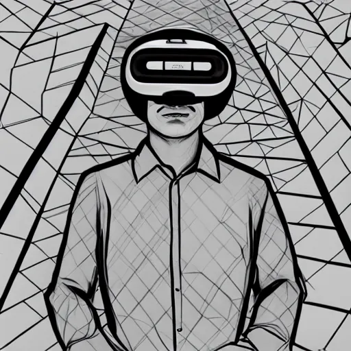 Image similar to a m. c. escher style drawing of a man with a vr helmet