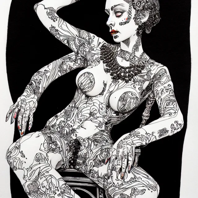 Image similar to salome full figure sitting on throne ink drawing by james jean very detailed high contrast xuan paper