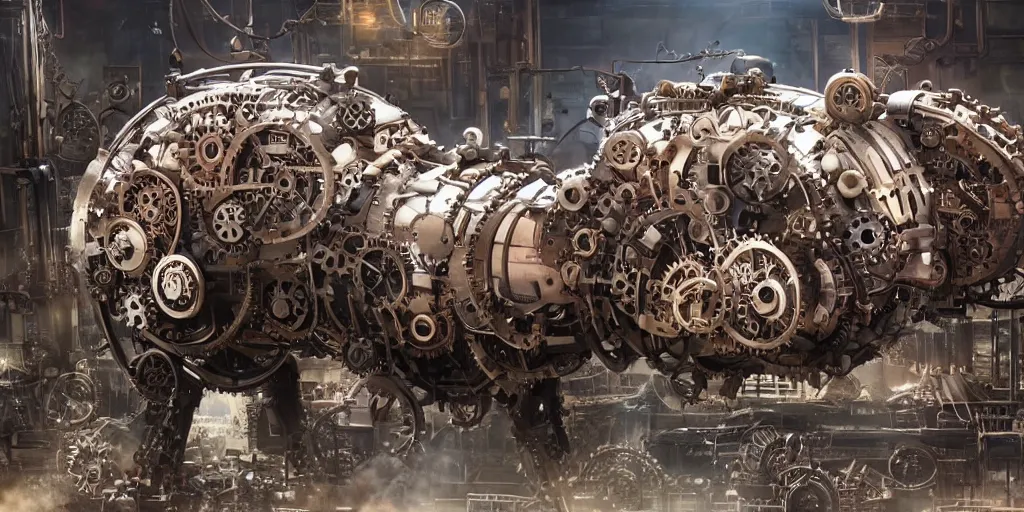 Image similar to a photo of a giant mechanical pig with gears and pistons, steam and wires, robot pig the size of a small building, in the style of a blockbuster film