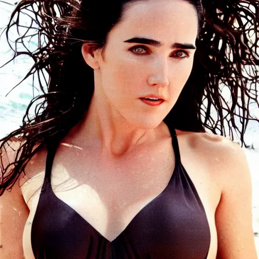 Image similar to Portrait Photography, medium closeup of young jennifer connelly poses in 2 Piece Mini Micro Push Up Swimsuits at summer beach, confident pose, fierce expression, intricate details, detailed face, detailed illustration, impressive lighting, symmetrical features, ultra detailed, 12 megapixels