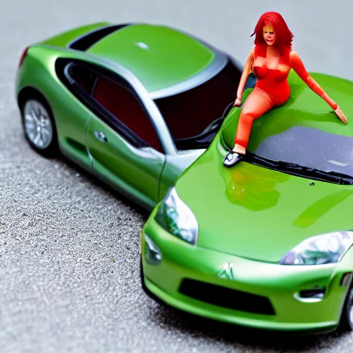 Image similar to a redhead woman driving a Jada toys mitsubishi eclipse green diecast car, high resolution macro photo, viewed through the cars window