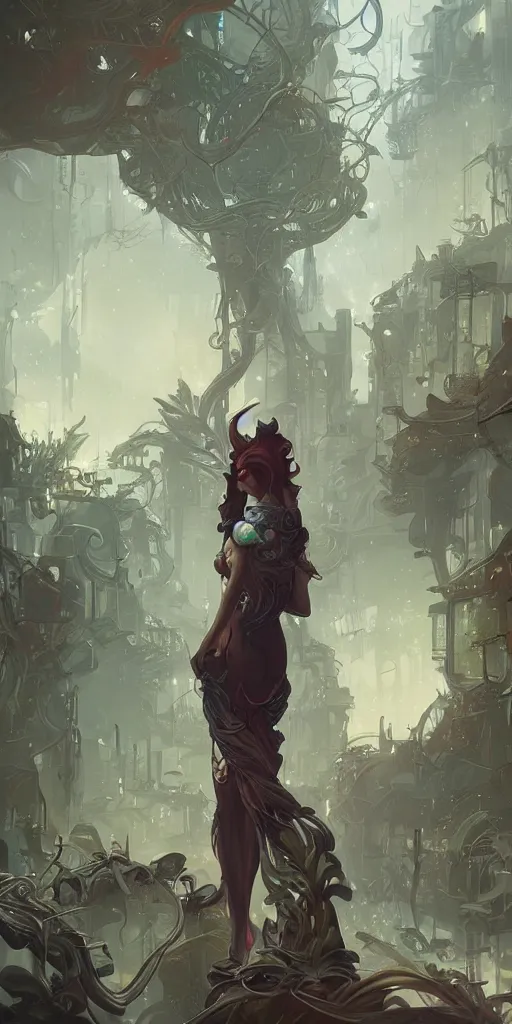 Image similar to a detailed concept art of a woman against the background of an overgrown city , artstation, by Peter Mohrbacher, Art Nouveau, sophisticated, Unreal engine, intricate