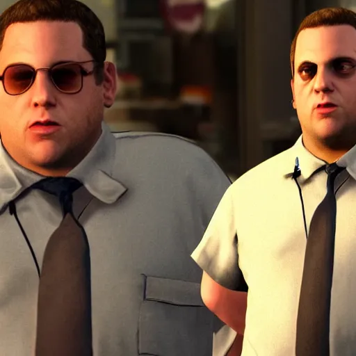 Image similar to jonah hill as a gta v character, wide shot