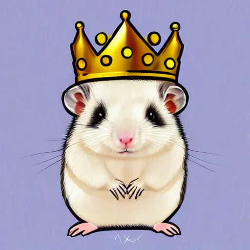 Image similar to A king hamster with a crown and a coat, digital art