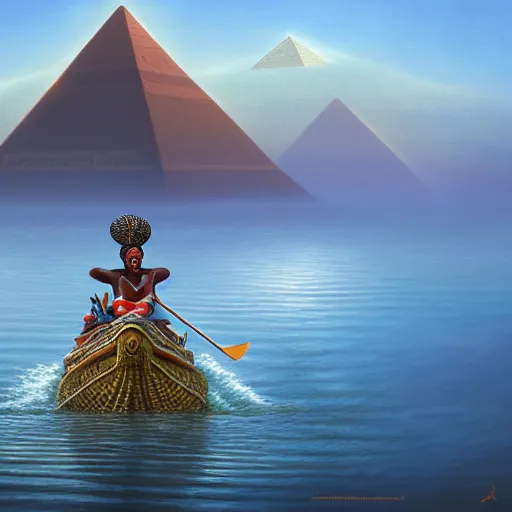 Prompt: an african queen riding a crocodile in the nile river by michael whelan and tyler edlin, oil on canvas, water fog, pyramid portal, 8k.